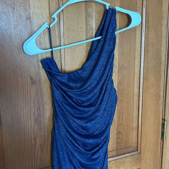 One Shoulder Navy Blue Glitter Cocktail Dress - Picture 7 of 7